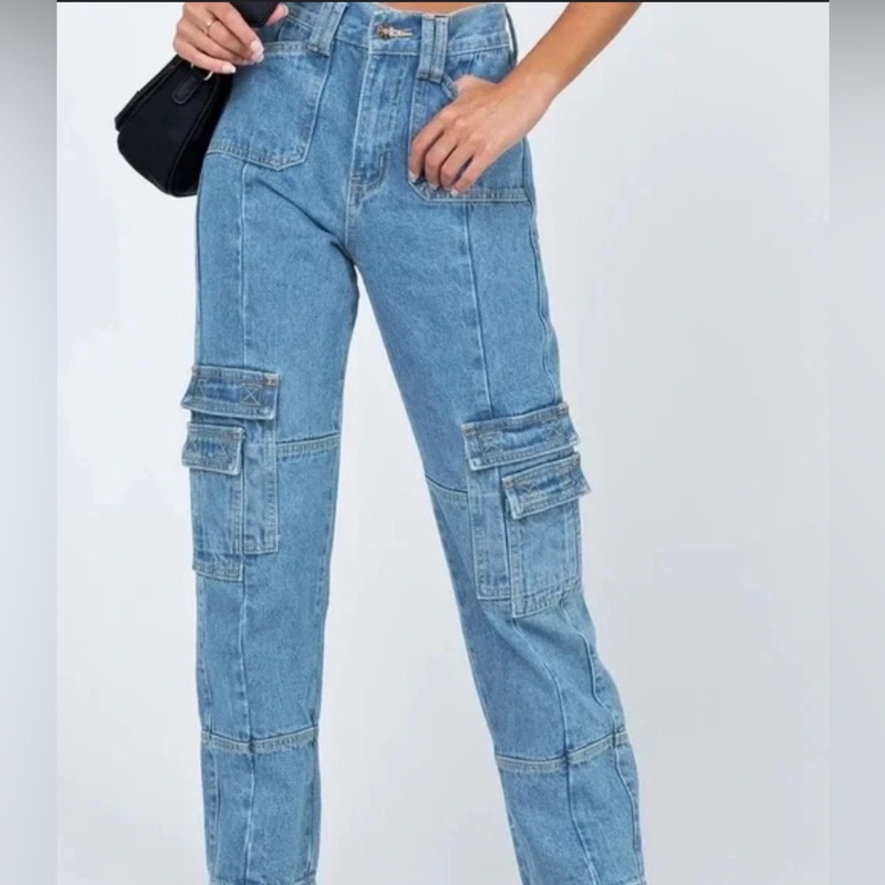 Lioness women’s Stacey cargo high rise denim jeans straight leg pants size: XS
